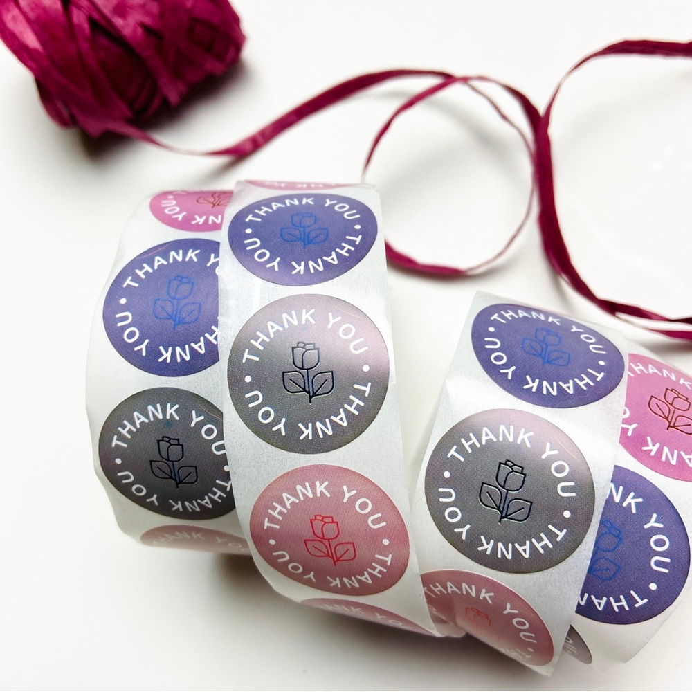 500 Roll multi color floral thank you packaging stickers 1” round